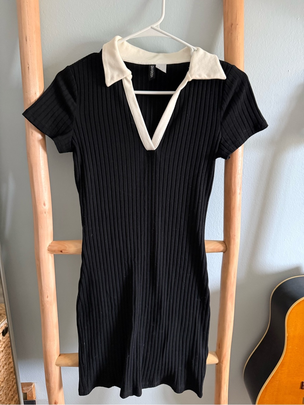 H&M Black Ribbed Polo Dress with Cream Collar